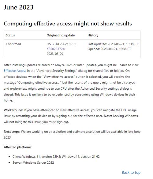 微软承认 KB5026372 会导致 Windows 11 文件资源管理器 CPU 占用率异常,临时解决方法是重启